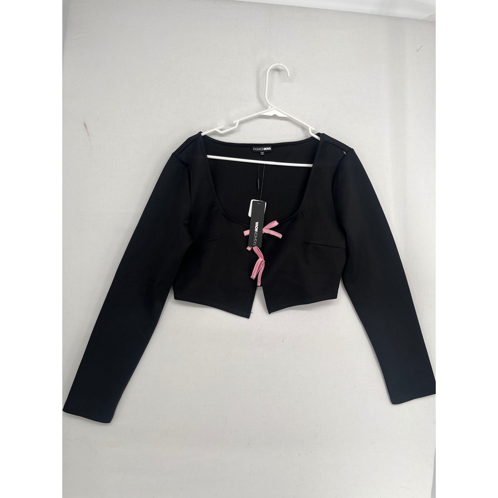Fashion Nova In My Bow Moment Cropped Long Sleeve Top Black Pink Bows Size 1X